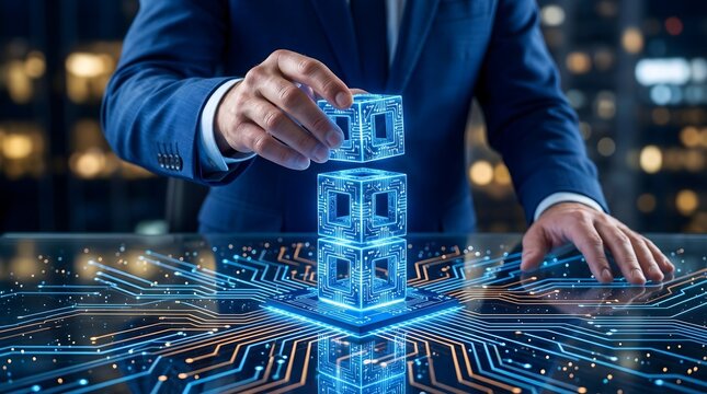 Businessman building a tower of glowing digital circuit blocks