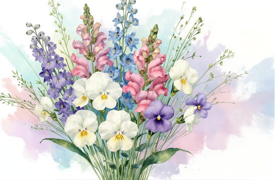 Colorful floral bouquet with purple pink and white blossoms against a