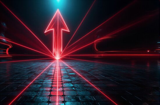 Neon arrow pulses forward red rays illuminate a futuristic cityscape.