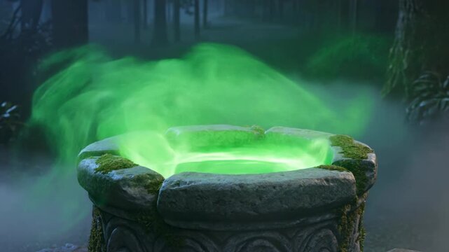 A mystical green smoke rises from an ancient stone cauldron in a dark forest