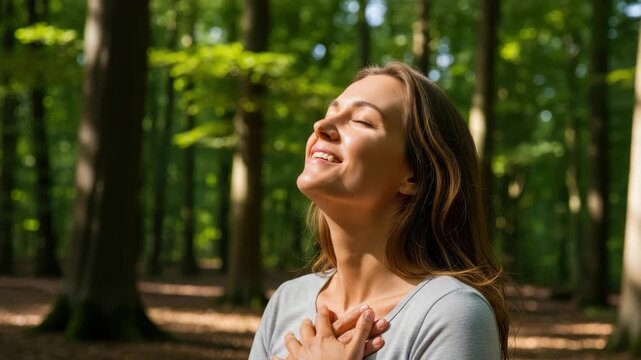 Smiling Woman Embracing Sunlight With Eyes Closed In Forest Symbolising Freedom Happiness The Background Is Dense Green Forest For Well-being Natures Benefits It Is Usable For Lifest