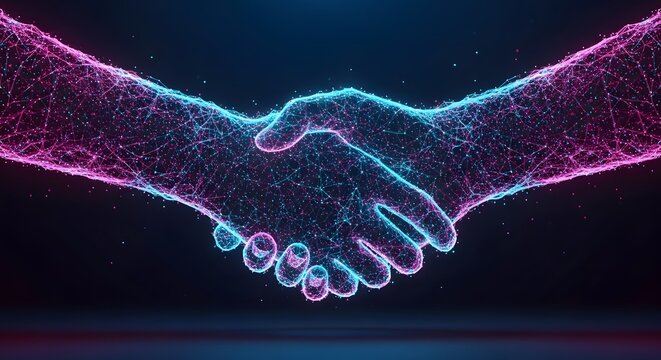 Glowing network handshake made of pink and blue connecting particles