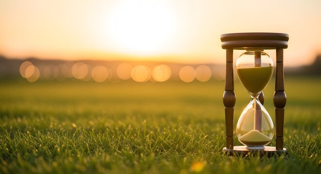 Wooden hourglass sitting on green grass against a blurred sunset background