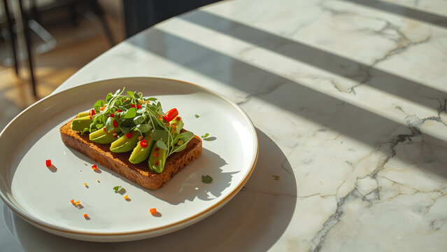 Fresh Avocado Toast with Toppings on a Marble Table in Bright Sunlight