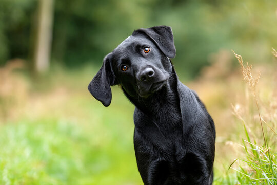 Black puppy tilting head curiously in a natural outdoor setting