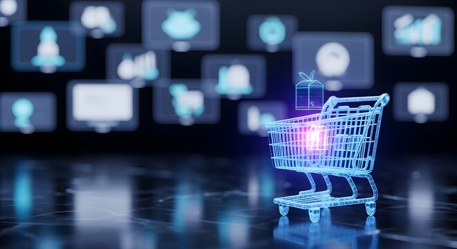 Wireframe 3D shopping cart containing a glowing digital gift box