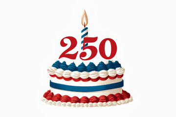 Naklejka premium Celebration with a cake featuring the number 250 on top, decorated with red, white, and blue frosting and one lit candle. 4 july cake. USA independence day