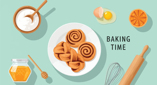 Overhead view of baking ingredients, tools, and freshly baked pastries with 'Baking Time' text on a light blue background, perfect for a culinary project.
