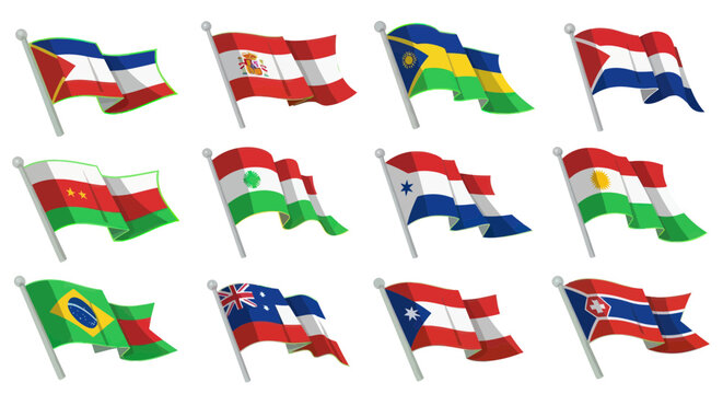 Collection of Waving National Flags from Around the World on Poles, International Symbols