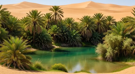 Obraz premium Oasis in the sahara desert with palm trees and water