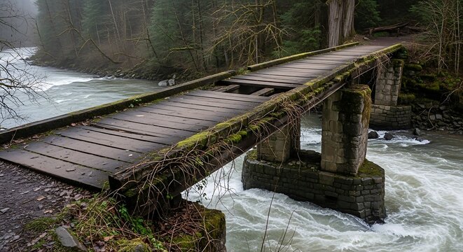 Rustic wooden bridge over rushing river in forest