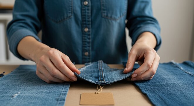 Hands folding blue denim fabric on wooden table with cardboard tag visible
