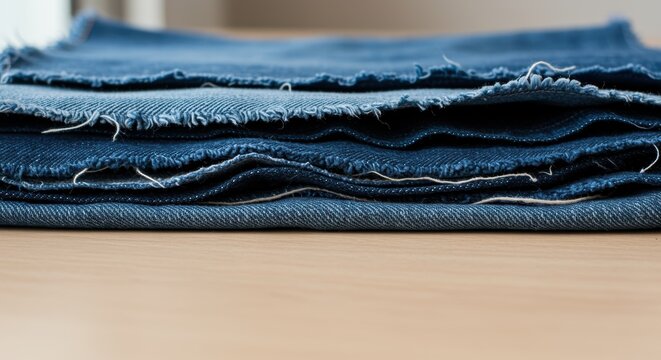 Denim fabric stack folded on wooden surface with various blue tones