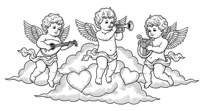 Cherubs Playing Music on Clouds with Hearts