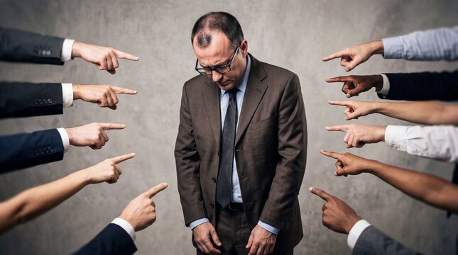 Accusation Businessman Shamed by Pointing Fingers with Bullying, and Grey Background.