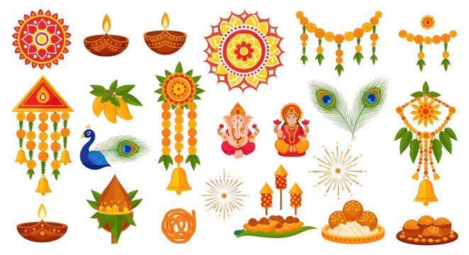 Diwali Celebration Elements: Lamps, Ganesha, Lakshmi, Peacock Feathers, Garlands, Sweets