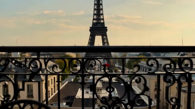 Paris Balcony View with Eiffel Tower Landmark. Romantic morning scene from a Parisian balcony featuring a bistro set and red flowers overlooking the iconic Eiffel Tower in France.