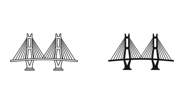 Modern Cable-Stayed Bridge Design Icon - Line Art and Silhouette Comparison