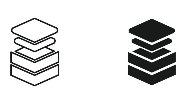 Layer Icon Set: Stacked Geometric Shapes, Outline and Filled Versions