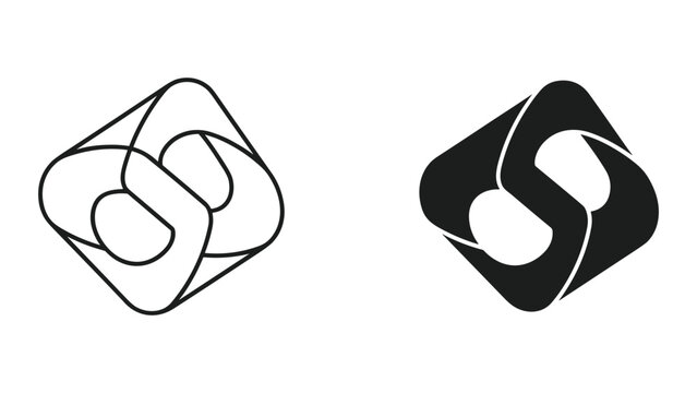 Two abstract logos side-by-side: one line art, one solid black, both shaped like linked 'S' symbols within a diamond.