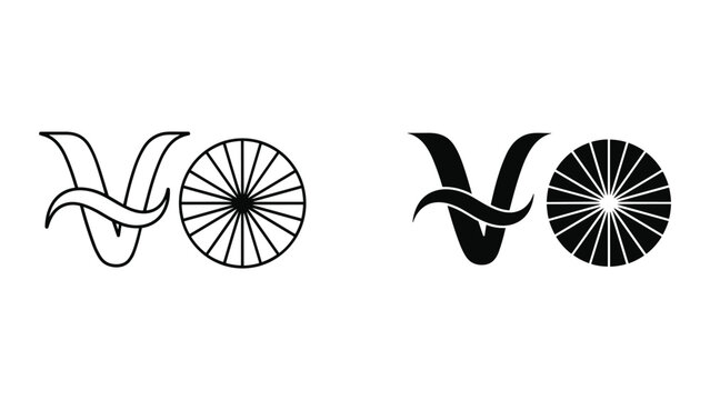 Dual logo design: Outline 'VO' with ribbon and wheel, contrasted with solid black 'VO' logo