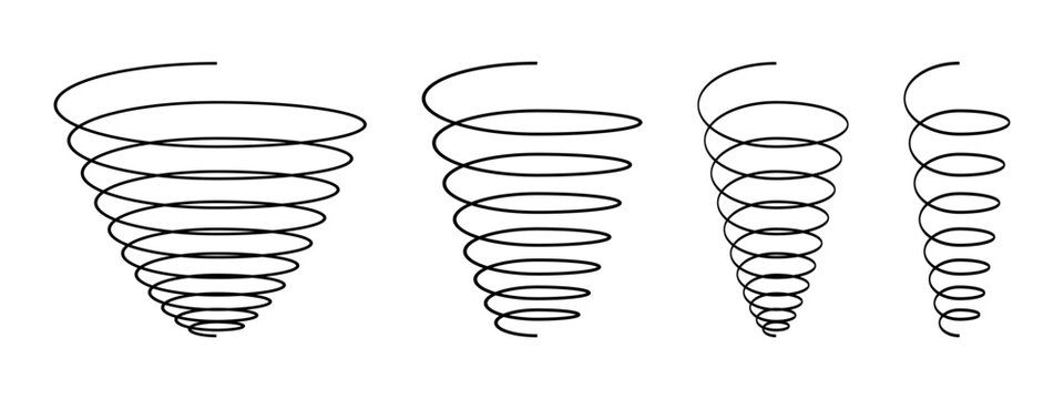 Set of curled lines. Funnel coil spring shapes isolated on white background. Flexible wire spirals. Vector graphic illustration. 