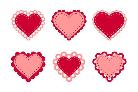Set of paper or fabric red and pink heart shapes with laced borders. Templates of romantic Valentine day cards or patches with ruffles, stitched borders and gingham print. Vector flat illustration.