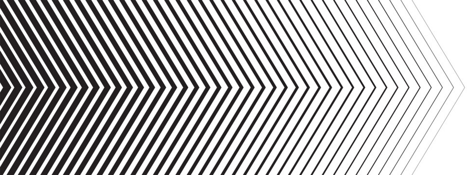 Repeated chevron arrow shapes with different thickness and vanishing effect. Forward, fast, speed or motion background. Abstract striped print. Vector graphic illustration