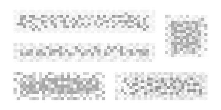 Set of gray censorship checkered textures on white background. Mosaic pixelated patterns for blurred text, image or another prohibited, banned or adult only content. Vector graphic illustration