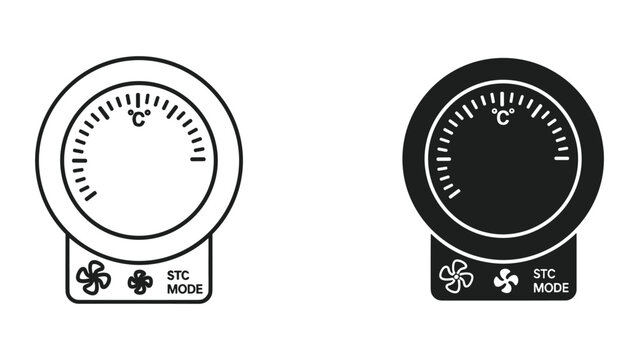 Thermostat Icon with Fan Symbols and STC MODE Text - Line Art and Silhouette