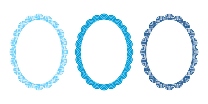 Oval frames with seigaiha print with blue overlapped semicircles. Elliptic vignettes in maritime oriental style isolated on white background. Frameworks with waves borders. Vector flat illustration.