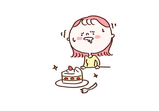 Cute woman desperately resisting the temptation of a delicious strawberry cake, diet and sugar restriction concept