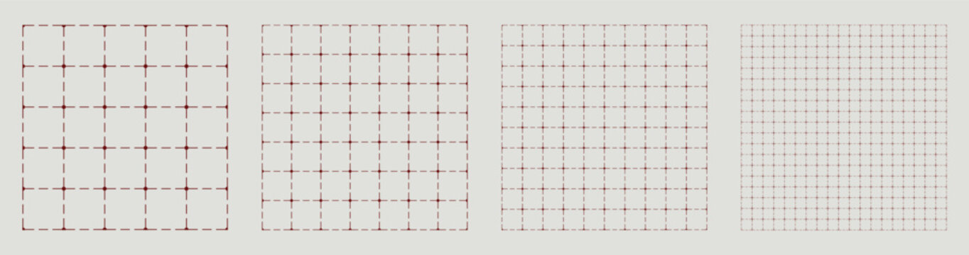 Square grid collection rounded dashed geometry, four samples blueprint style. Smooth junction lattice structure, interface layouts editorial compositions planning sheets digital technology graphics.