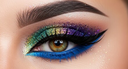 Fototapeta premium Vibrant rainbow glitter eyeshadow and bold blue eyeliner on a woman's eye