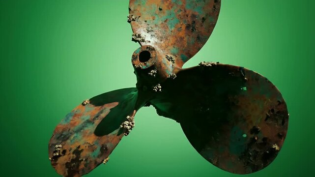 Close-up of a weathered, barnacle-covered propeller against a vibrant green background