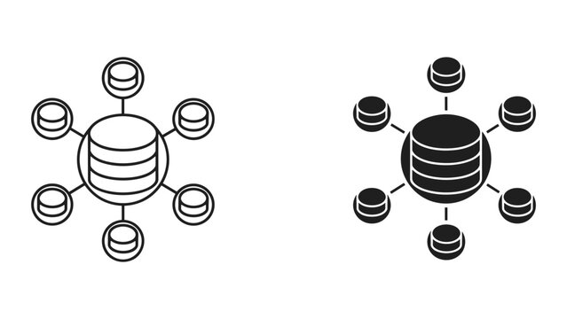 Database Network Icon Set: Outline and Solid Icons for Data Connections and Cloud Storage