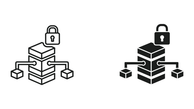 Secure Data Server Icon with Padlock and Network Connection - Icon Set