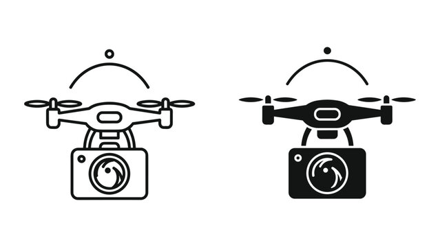 Drone with Camera Icon - Line Art and Silhouette, Aerial Photography Symbol