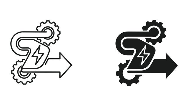 Energy transformation and power generation icon, symbolizing conversion, efficiency, and progress with gears and lightning bolt.