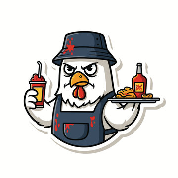 Angry Chicken Wearing Apron Holding Tray.