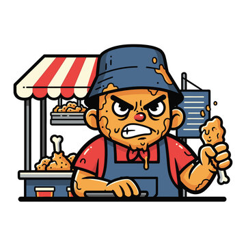 Cartoon angry chef holding chicken.