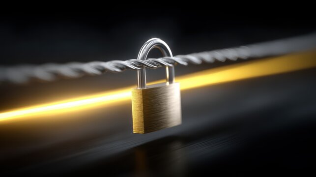 Secure Connection: A close-up view of a polished padlock securely fastened to a wire rope, symbolizing safety, protection, and privacy.