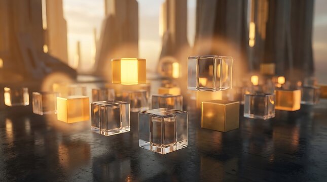 Dynamic Golden and Clear Glass Cubes Floating in a Futuristic Urban Landscape, Symbolizing Data Analytics, Digital Transformation, and Strategic Business Growth Solutions