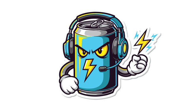 Cartoon can with angry face headphones.