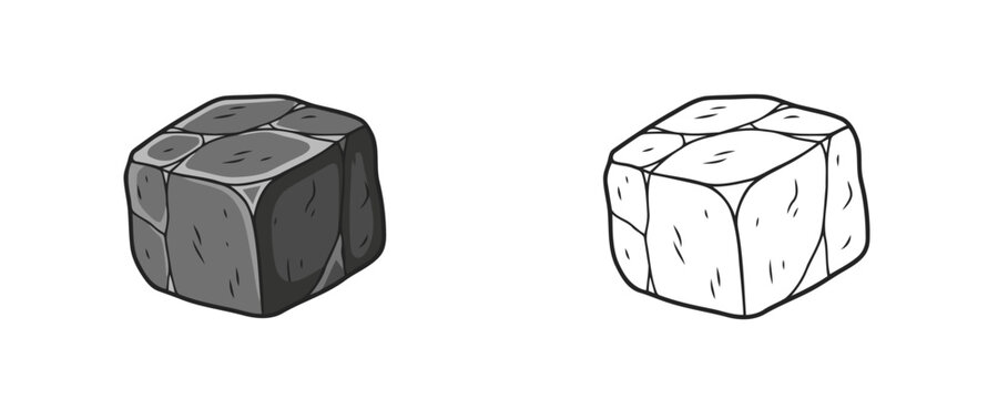Magnetite stone cube vector illustrations shown in colored cartoon and black outline linear styles, dark grey and charcoal mineral tones, representing natural rock on white background