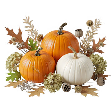 A group of pumpkins and leaves on a table