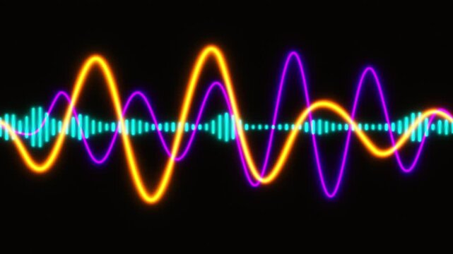 Audio Waveform Equalizer Vibrating On Black Background Multicolor Neon Glow. Digital Music Frequency Display Featuring Colored Waves And Cyan Bar Graph. Loop For DJ Set Or Nightclub Party Screensaver