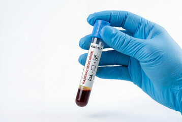 Obraz premium Gloved hand holding a blood sample tube labeled for PSA test
