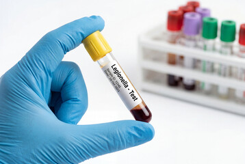 Naklejka premium Gloved hand holding a legionella test blood sample tube