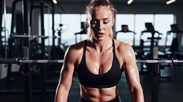 Exhausted blonde athlete recovering after intense gym session showing satisfaction and post workout relief
